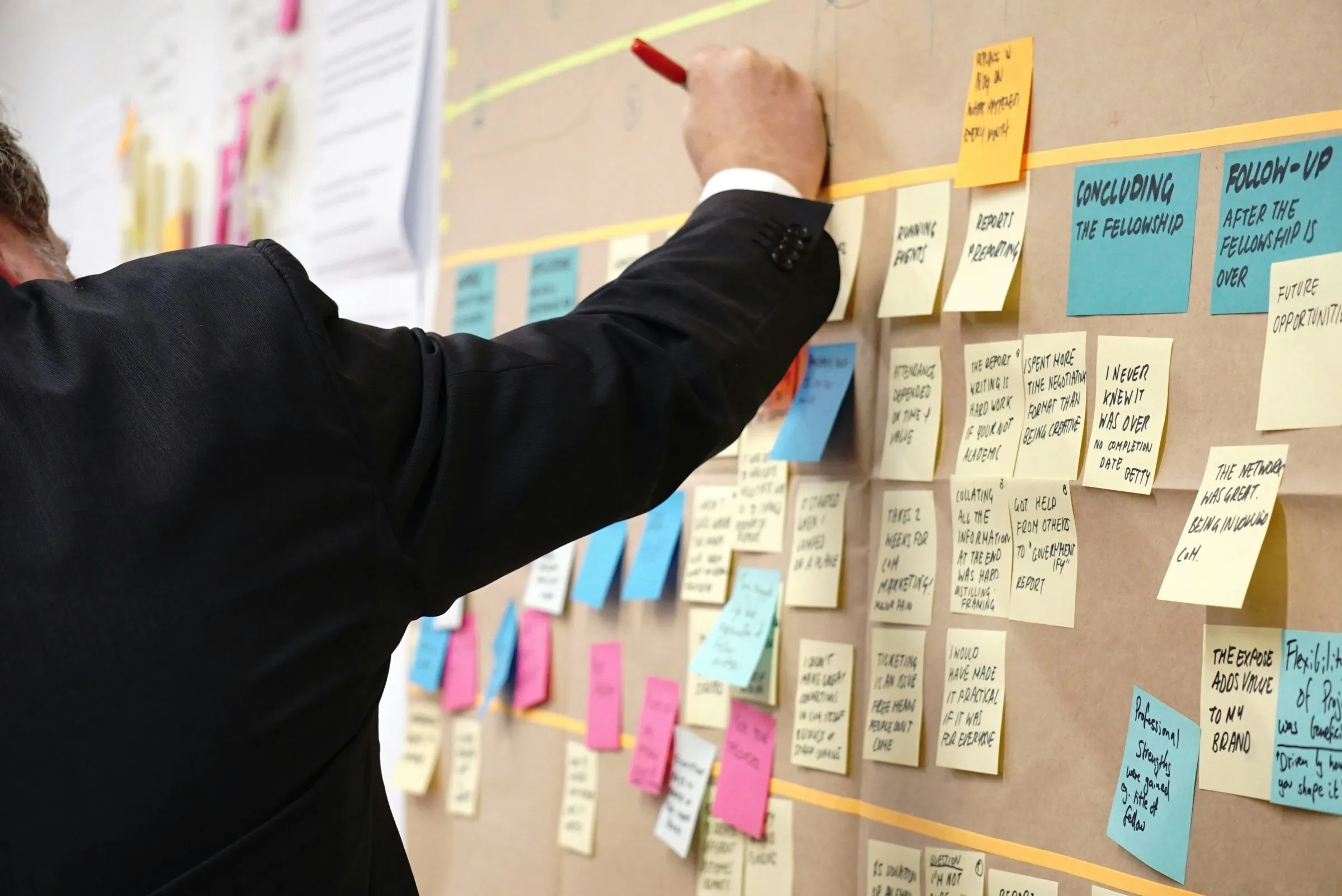 A person in a suit adding to a planning wall covered in sticky notes
