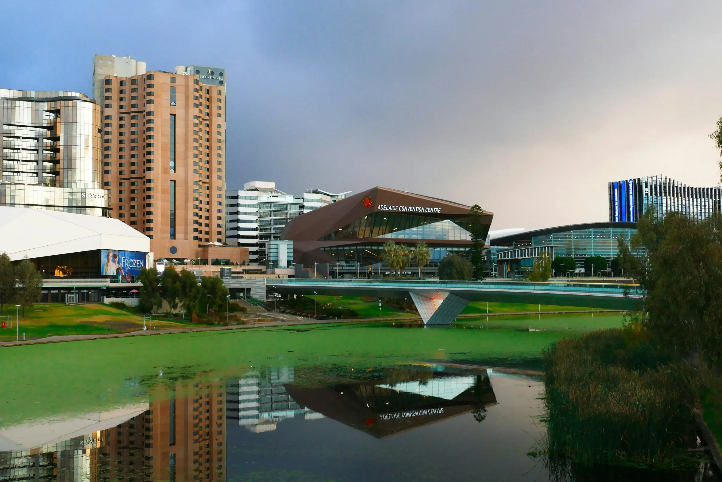 Adelaide's Riverbank precinct, its public buildings reflected in the river